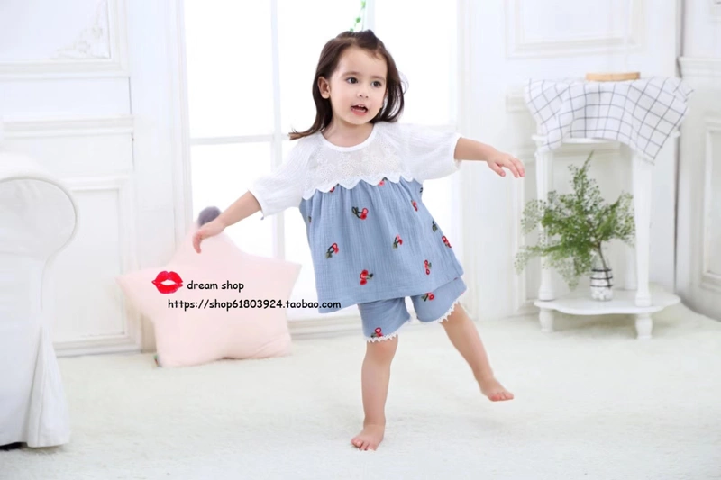 Mùa hè phiên bản Hàn Quốc của mẹ và con gái đồ ngủ cotton ngắn tay thêu cô gái ngọt ngào công chúa nhà dịch vụ phù hợp với trẻ em