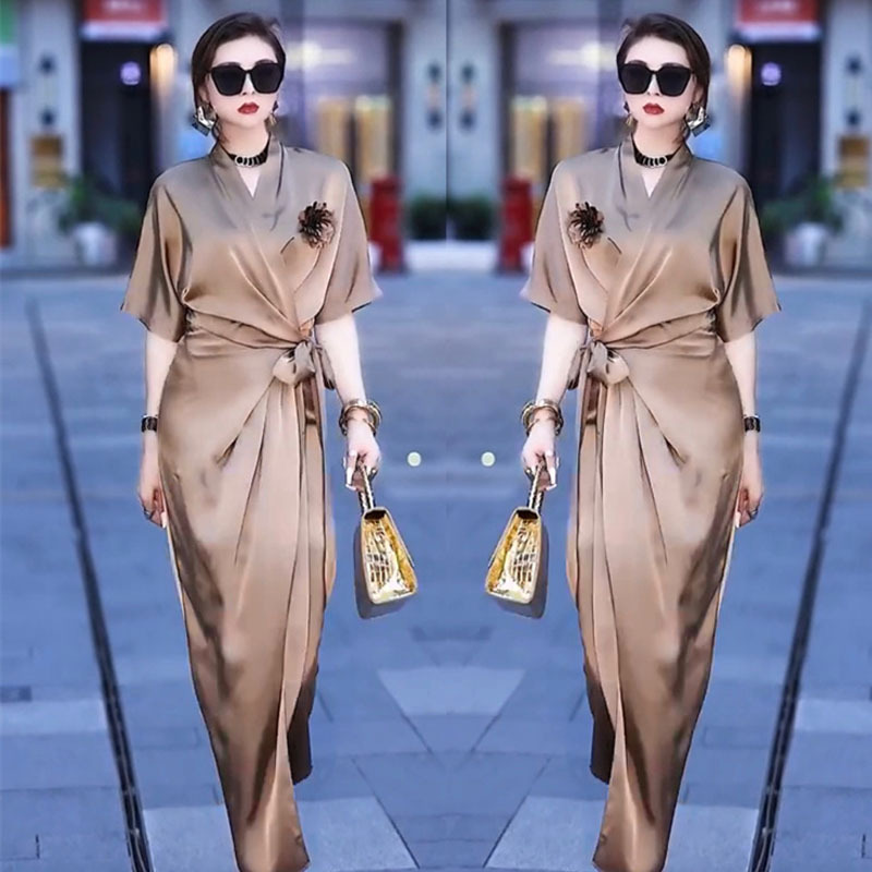 High-End Fashion Dress for Women 2023 Summer New Style Cross-Tie Design Slimming Elegant Acetate Long Dress