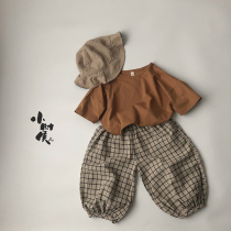 Round roll pants wind anti mosquito pants 2020 new summer children Korean cotton linen plaid bloomers literary tide fat
