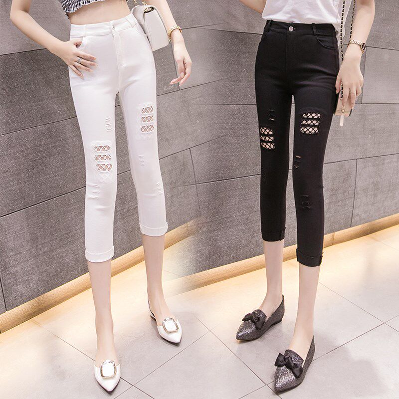 Korean version 70% inner lap pants female outside wearing summer thin section large size high waist display slim elastic breaking hole mesh yarn tight fit narrow tube pants