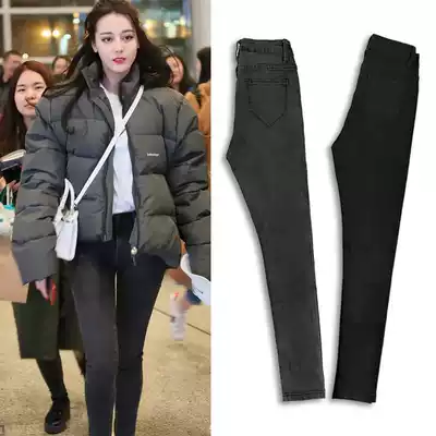 Korean high-waisted jeans women 2021 Spring and Autumn New slim smoke gray plus velvet nine points small feet pencil pants