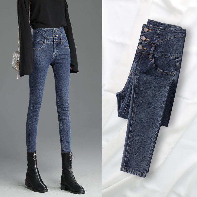 South Korea's ultra - high - waist jeans plus thickness 2022 autumn and winter new small foot fix slim tight pencil pants