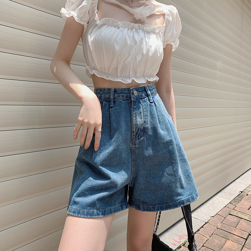South Korea 2021 new summer high waist straight denim five-point pants female Hong Kong flavor loose large size fat MM wide-leg shorts