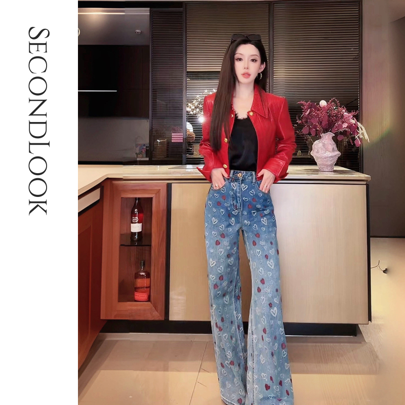 Yu Xiaoxiao【Heartbeat Online】Vintage-Style Long Pants with Contrasting Color Heart Print, Sweet and Cool Wide-Leg Jeans for Women Yu Xiaoxiao【Heartbeat Online】Vintage-Style Long Pants with Contrasting Color Heart Print, Sweet and Cool Wide-Leg Jeans for Women