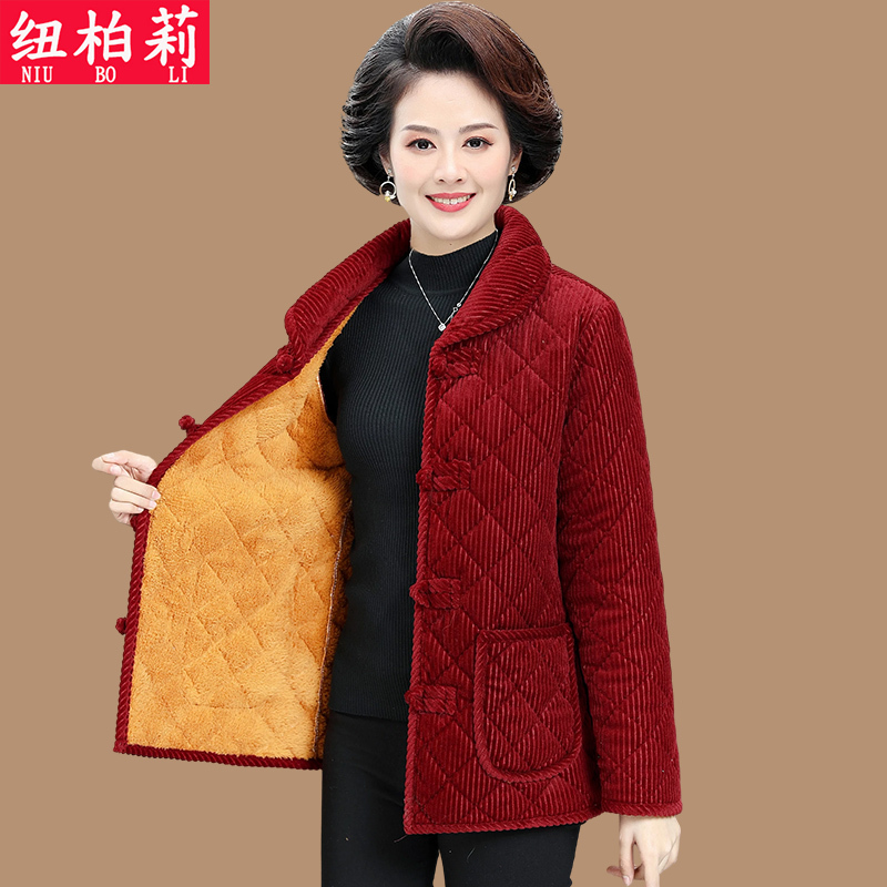 Mother's Corduroy Cotton Coat, Short Style for Women, 50-60 Years Old, New Spring and Autumn Style, Padded Shirt with a Turn-Down Collar, Thin Cotton Jacket