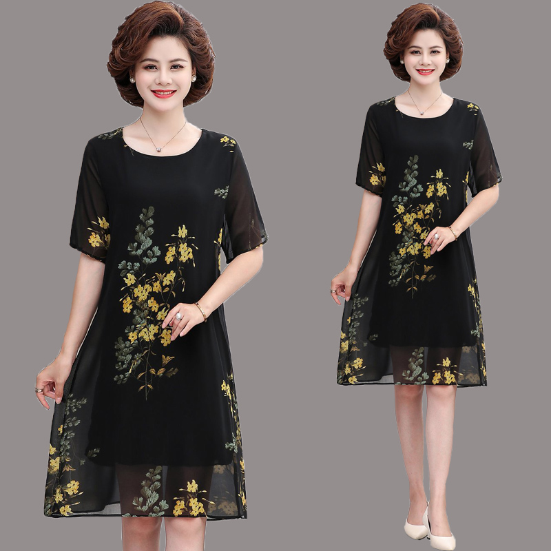 L23 Yellow Flowermom summer wear Dress Foreign style middle age female Mrs. Kuo Big size Cover your belly 50 year Middle aged and elderly Short sleeve Chiffon skirt