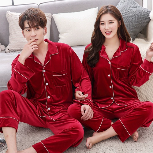 Бархатная осенняя пижама, лонгслив, осенний демисезонный бархатный красный комплект для влюбленных