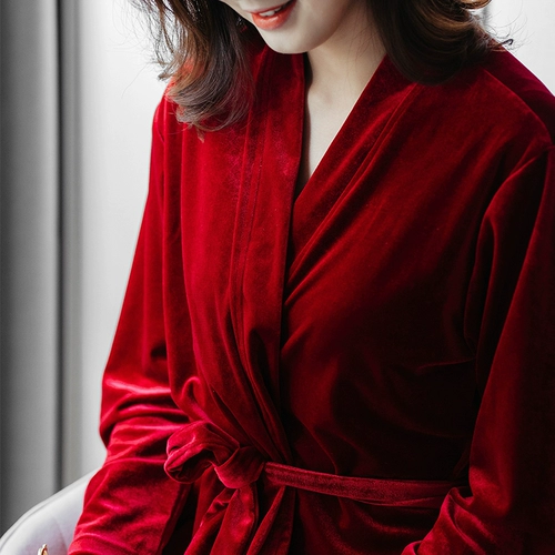 Бархатный зимний длинный красный сексуальный осенний банный халат для невесты, для подружки невесты, изысканный стиль