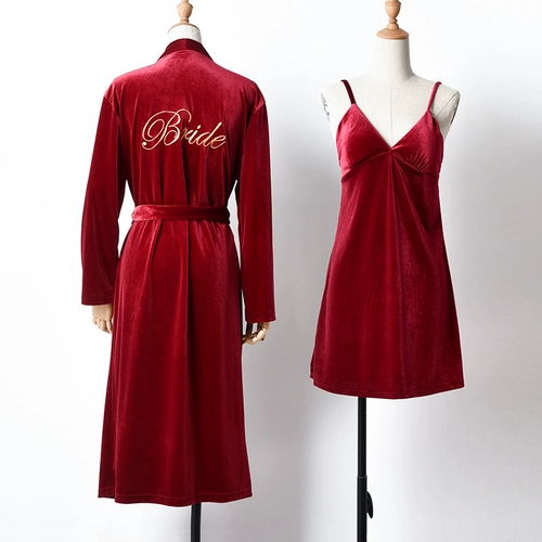 Бархатный зимний длинный красный сексуальный осенний банный халат для невесты, для подружки невесты, изысканный стиль