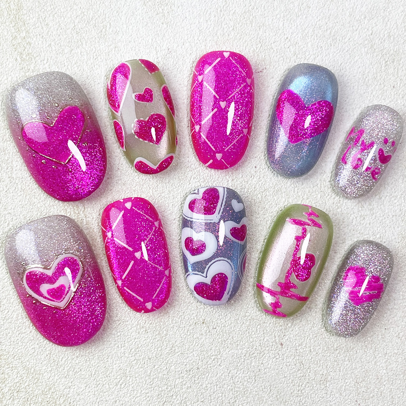 [Fantasy] High-End Dragon Fruit Color Heart-Shaped Sparkling Cat Eye New Year Handmade Press-On Nails [Full Size, Full Nail Type]