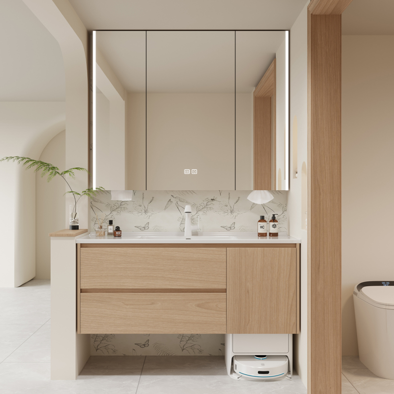Wooden-Style Bathroom Cabinet Set with Full-Height Mirror Cabinet, Integrated Washbasin Cabinet, Can Accommodate a Robot Vacuum Cleaner, Washbasin Cabinet