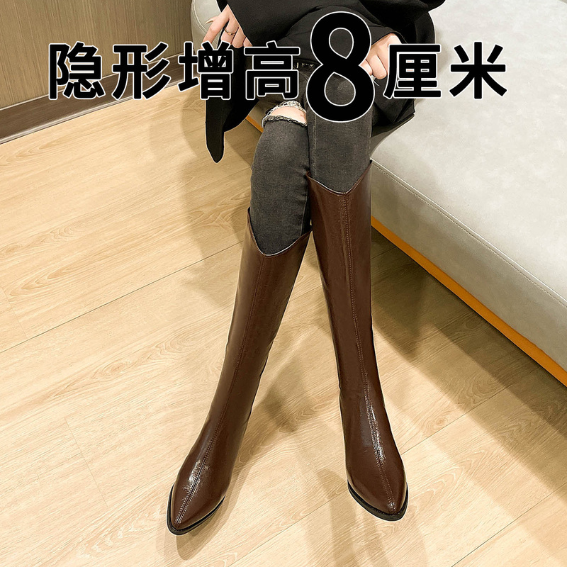 Super Soft Lambskin Inner Height-Increasing Women's High Boots, V-Cut Western Cowboy Boots for Petite Women, Chunky Heel Long Riding Boots