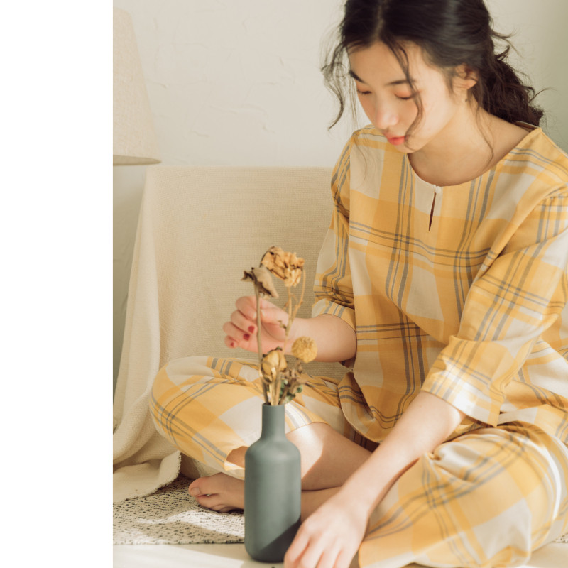 Thin pullover pajamas ladies cotton round neck suit spring and summer cotton gauze plaid loose large size home wear