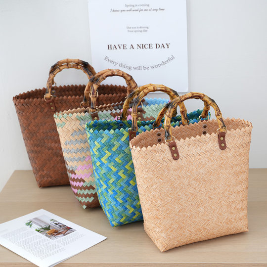 2024 New Rattan Handbag Straw Bag Bamboo Bag Women Summer Retro Handmade Bamboo Tote Bag Vacation