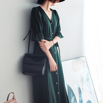 Canary Kiss Retro dark green dress womens summer temperament V-neck short sleeve waist thin bellflower mid-length dress
