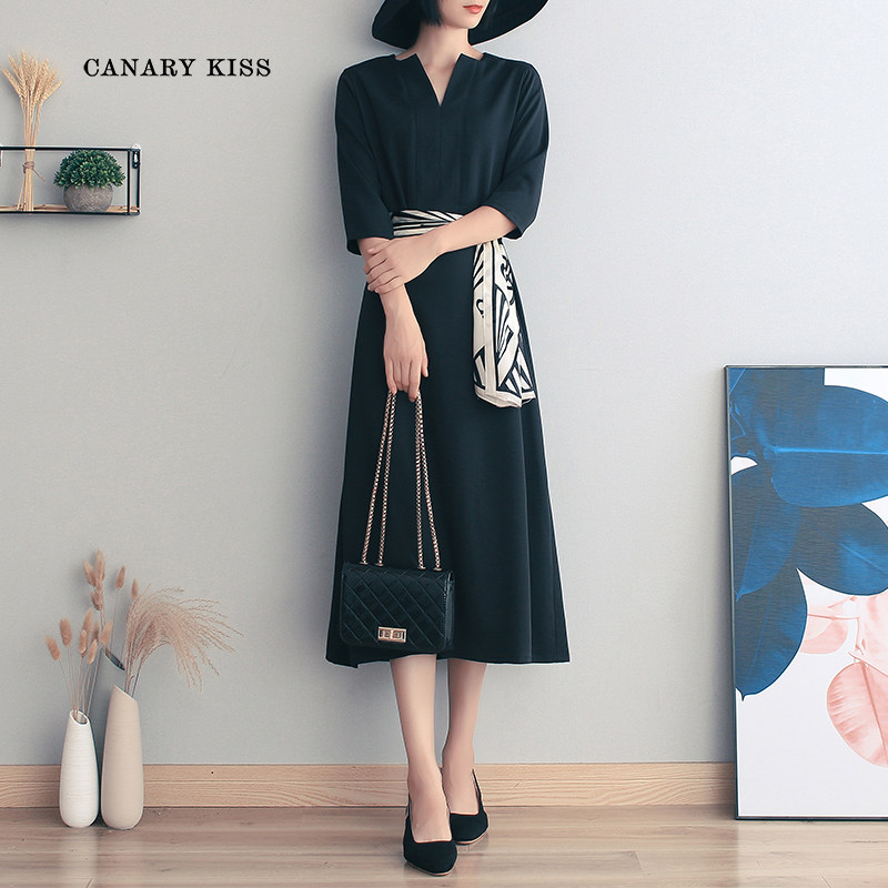 Canary Kiss black dress female summer French niche waist temperament V - fine seven - point tea break dress
