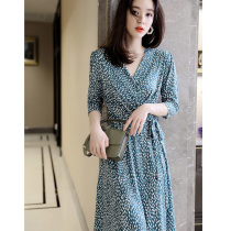 Canary Kiss Polka dot printed dress womens spring new French V-neck waist thin temperament long dress