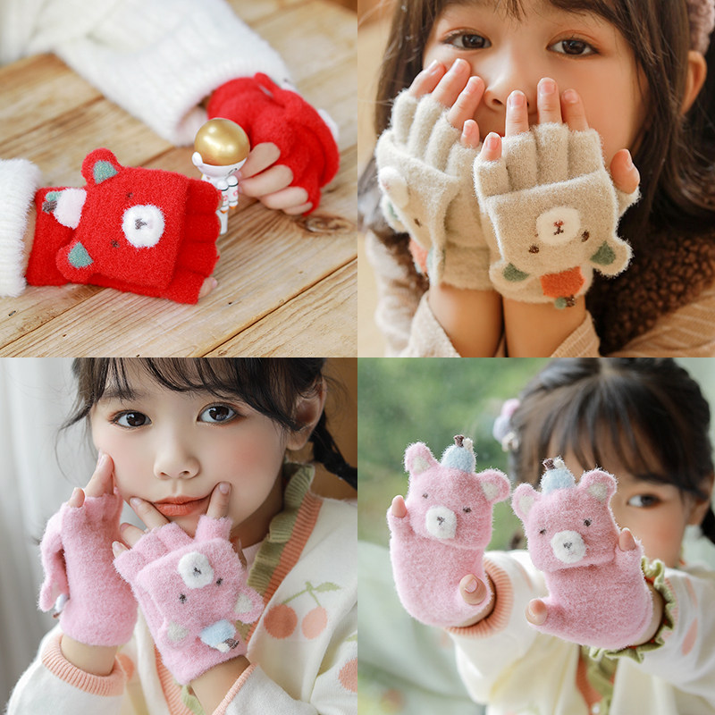 Children's gloves winter half finger flip cover girl boy cute plus fleece warm kindergarten child baby missing finger