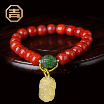 Jiyongfa Liangshan Nanhong hand string agate bracelet old-fashioned beads persimmon red natural barrel beads with turquoise honey wax dry green