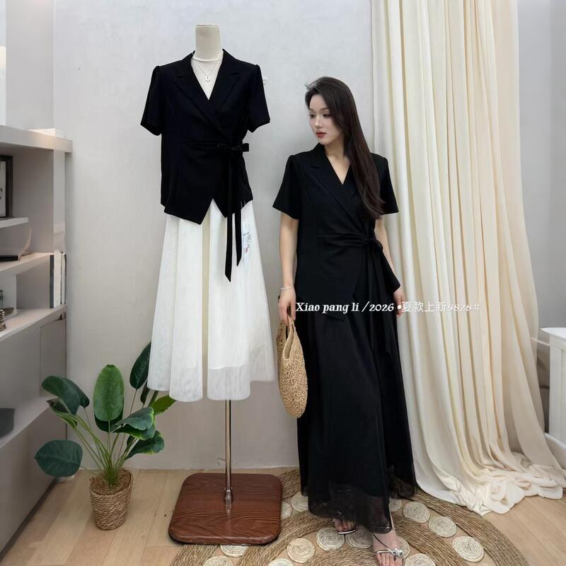 Xiaopangli 8828 Model 2026 Summer Plus-Size Women's Clothing 100kg Waist-Cinching Blazer and Skirt Two-Piece Set