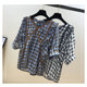 2022 design sense age reduction student t-shirt female summer fat sister all-match plaid casual top chic small shirt