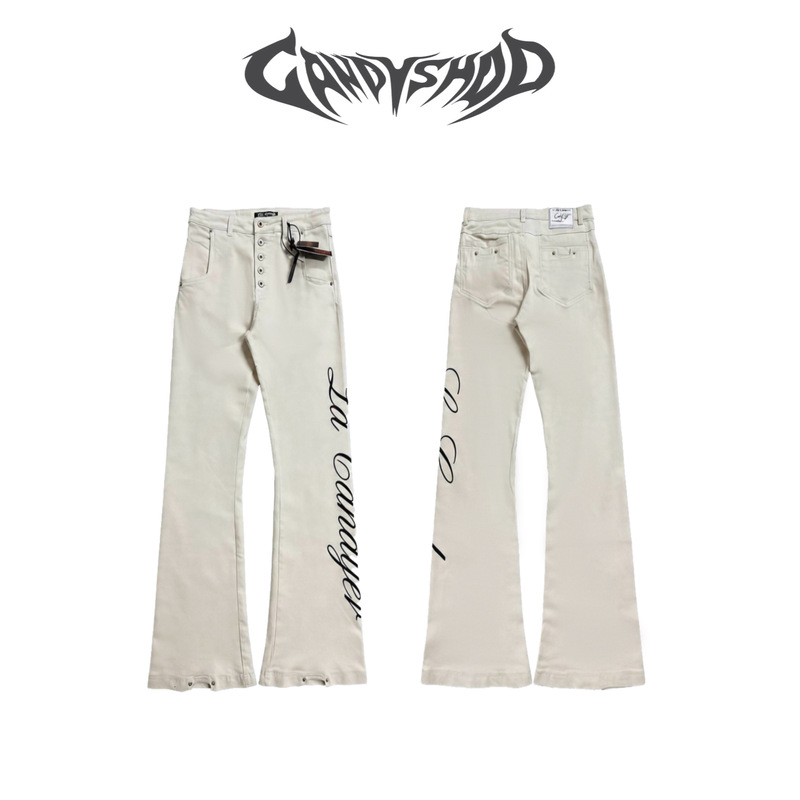 Candycash 26Ss Paris Off-White Side-Leg Floral Cut-Out I-Shaped Cut Curved Hem Slightly Flared Stacked Unisex Jeans