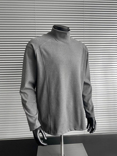 Gray German Velvet Half-High Collar Base Layer Shirt for Men, High-End Deconstructed Splicing Inner Long-Sleeve T-Shirt, American-Style Warm Sweatshirt