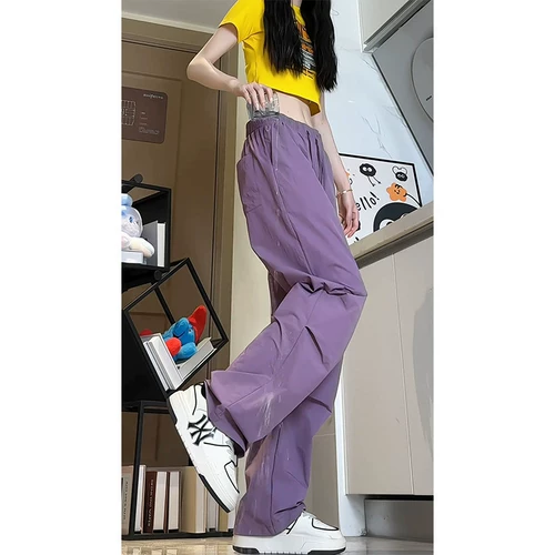 Сиреневые шелковые летние тонкие штаны, быстросохнущий парашютист, в американском стиле