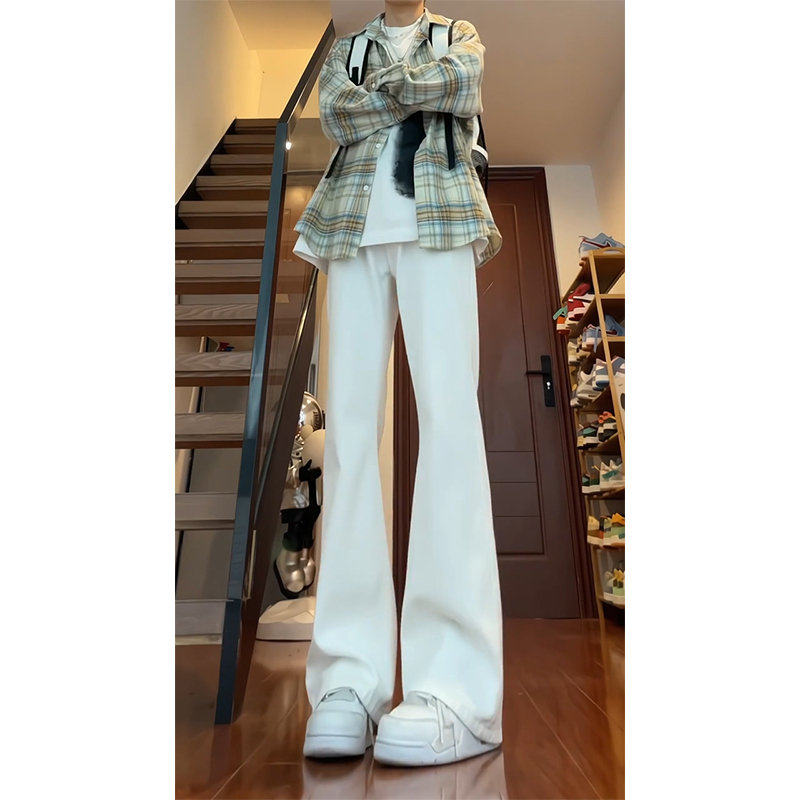Cleanfit White Curved Hem Jeans for Men, Tall Version, Extended Vibe Pants, Straight Leg, Non-Tight, Slightly Flared Pants
