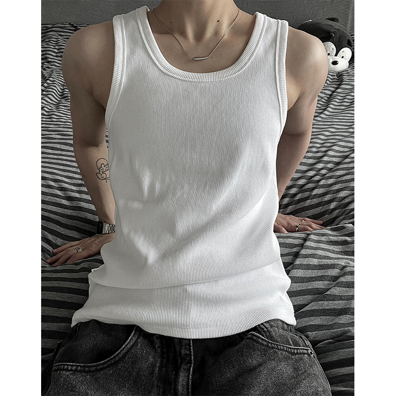 320g Heavyweight Pure White T-Shirt American Retro Ribbed Tank Top for Men Summer Muscle-Enhancing Fitness Base Shirt