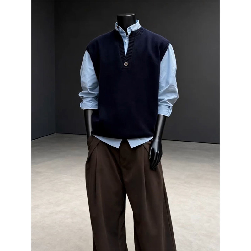 Navy Blue Casual Style V-Neck Knitted Vest for Men, Autumn Layered Sleeveless Sweater, Inner Layering Shirt Navy Blue Casual Style V-Neck Knitted Vest for Men, Autumn Layered Sleeveless Sweater, Inner Layering Shirt