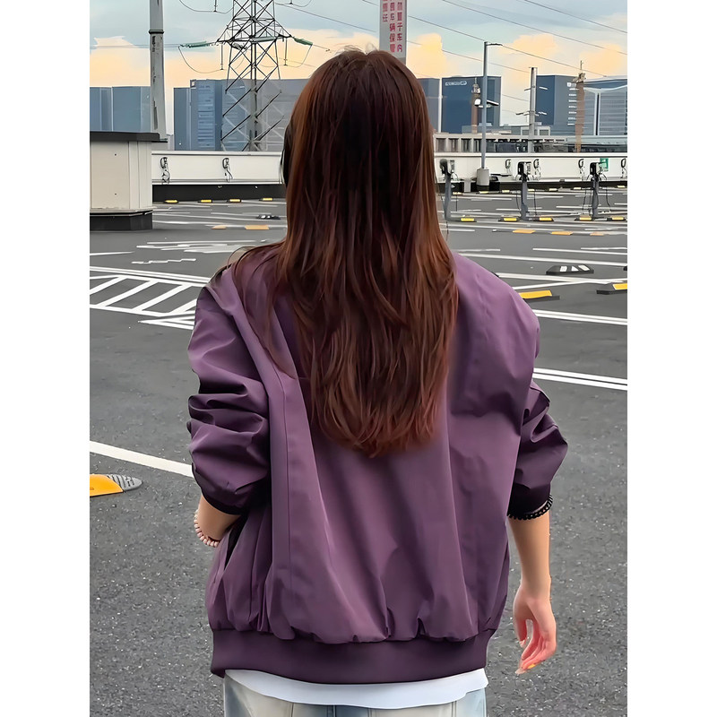 Purple Deconstructed Patchwork Bomber Jacket for Men, Spring and Autumn American-Style Stand Collar Baseball Jacket, Boxy Short Workwear Coat