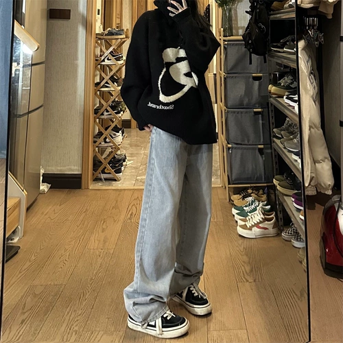 Штаны, синие джинсы, в американском стиле, свободный прямой крой