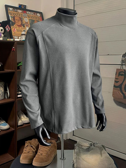 Gray German Velvet Half-High Collar Base Layer Shirt for Men, High-End Deconstructed Splicing Inner Long-Sleeve T-Shirt, American-Style Warm Sweatshirt