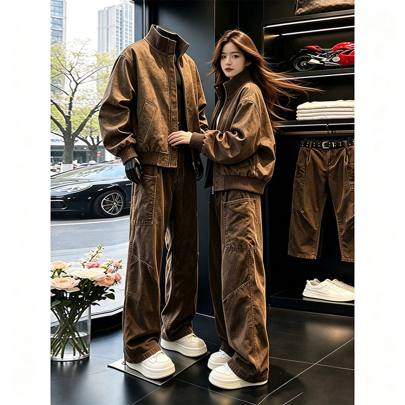 Men's Autumn Workwear Set in Coffee Color, Featuring a Stand-Up Collar Leather Jacket and Wide-Leg Pants, Two-Piece Set Men's Autumn Workwear Set in Coffee Color, Featuring a Stand-Up Collar Leather Jacket and Wide-Leg Pants, Two-Piece Set