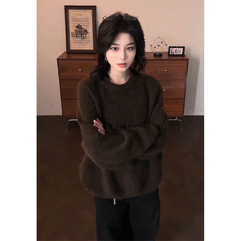 Melard Brown Wool Blend Crew Neck Sweater for Men and Women, Autumn and Winter Lazy Style Base Knit Top Melard Brown Wool Blend Crew Neck Sweater for Men and Women, Autumn and Winter Lazy Style Base Knit Top