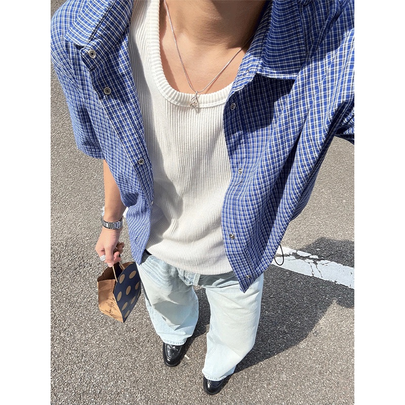 Miu Royal Blue Plaid Shirt Men's Summer American Retro Drawstring Short-Sleeved Shirt Cleanfit Jacket Miu Royal Blue Plaid Shirt Men's Summer American Retro Drawstring Short-Sleeved Shirt Cleanfit Jacket
