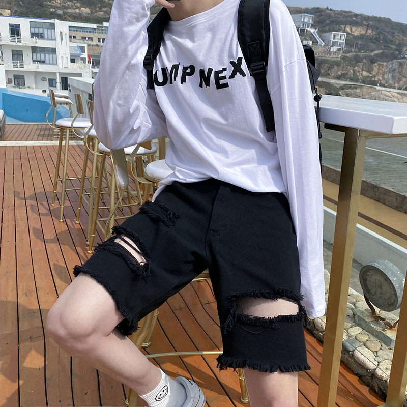 Black Ripped Denim Shorts for Men, Trendy Brand ins Hot-Selling Loose-Fitting Five-Point Pants, Versatile Hip-Hop Casual Shorts