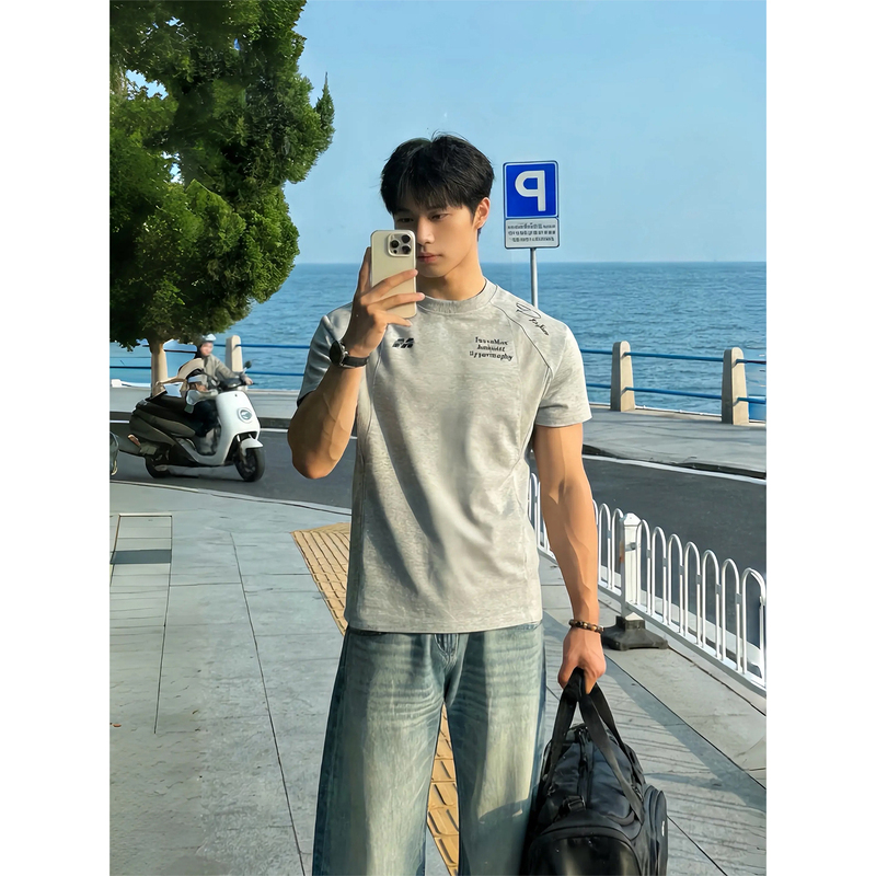Gray Mamba Cotton Printed Patchwork Short-Sleeve Men's Summer American-Style Heavyweight Boxy Regular Shoulder T-Shirt with a High-End Feel Gray Mamba Cotton Printed Patchwork Short-Sleeve Men's Summer American-Style Heavyweight Boxy Regular Shoulder T-Shirt with a High-End Feel