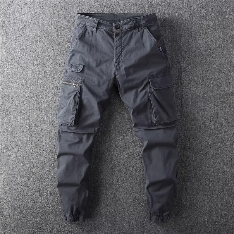 Work Pants, Retro Slim-Fitting Drawstring Multi-Pocket Cargo Pants, Men's Casual Cuffs, Small Feet, Jogging, Trendy Spring & Fall