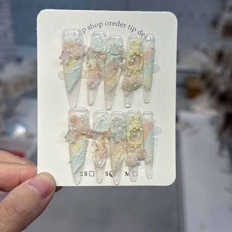 Rose Flower Stand, Gradient Butterfly Oil Painting, High-End Heavy-Duty Fairy Style, Handmade, Atmospheric, Complexion-Enhancing, 4.5cm Long Press-On Nails