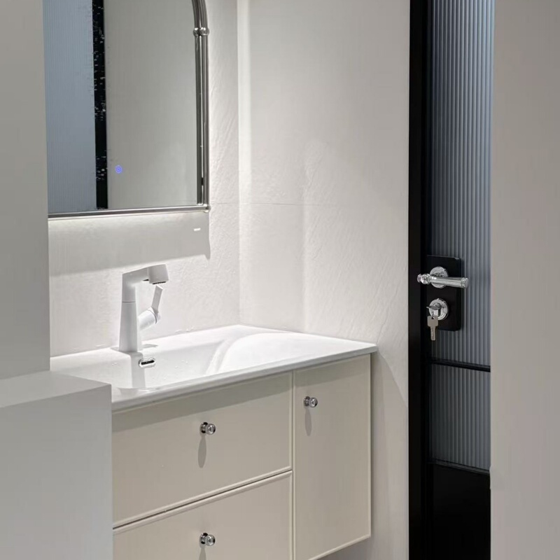 Oak Solid Wood Bathroom Cabinet Set with Integrated Ceramic Washbasin and Cream-Style Blue Pull-Out Sink Oak Solid Wood Bathroom Cabinet Set with Integrated Ceramic Washbasin and Cream-Style Blue Pull-Out Sink