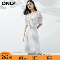 ONLY summer new vintage French V-neck lace-up waist plaid A-line dress female) 120207572