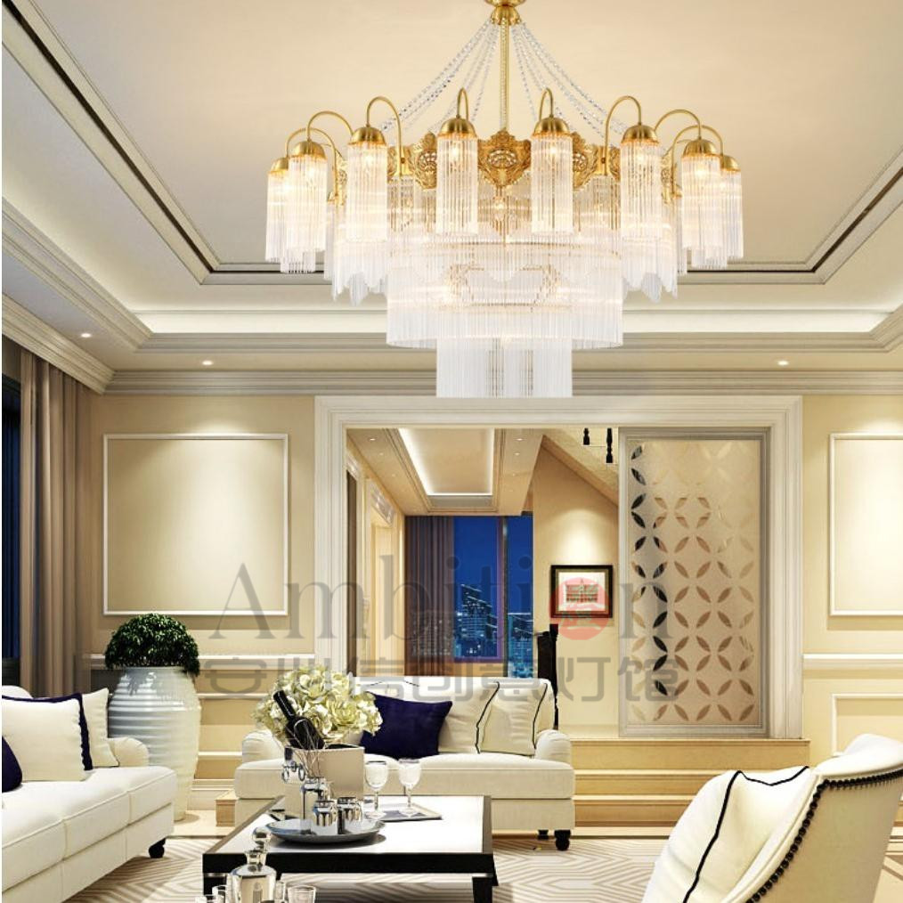 Full copper European-style living room chandeliers light and luxurious dining room Bedroom Book room Water crystal light hotel Villa Designer with lamp