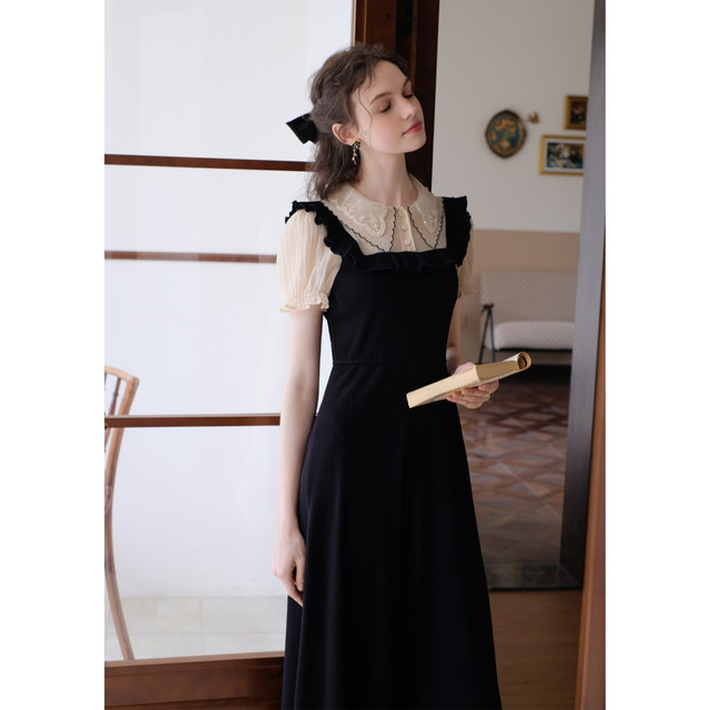 MQueen Moonlight Nocturne Embroidered Collar French Fake 2-piece Black Dress Temperament Waist A-Line Long Skirt 9487