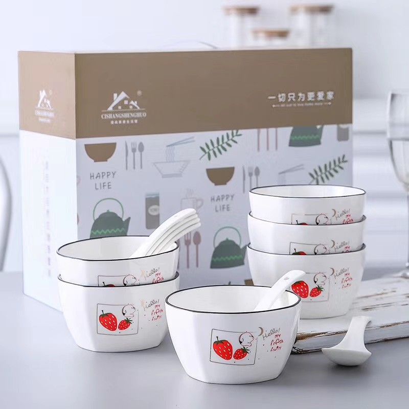 Korean ceramic tableware 6 bowls 6 spoons set flower language porcelain bowl gift box set assembled ceramic bowl tableware gift printing logo
