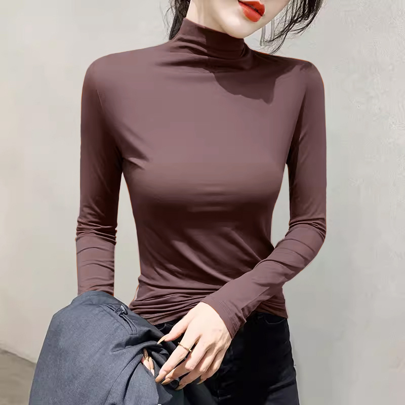High-Quality Half-High Collar Base Shirt for Women, Autumn and Winter, Solid Color, Clean Design, Warm O'Dell Cotton Long-Sleeve T-Shirt Top for Spring