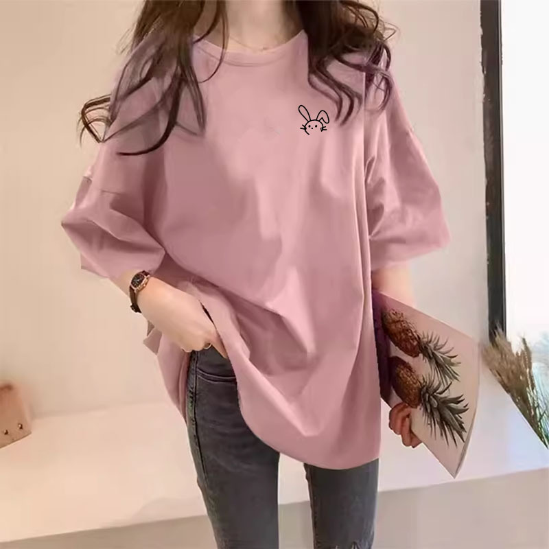Rose Red Extra Long Short-Sleeved T-Shirt for Women Pure Cotton 2024 New Style Foreign Style Age-Reducing European Goods Large Version Classy Top Summer