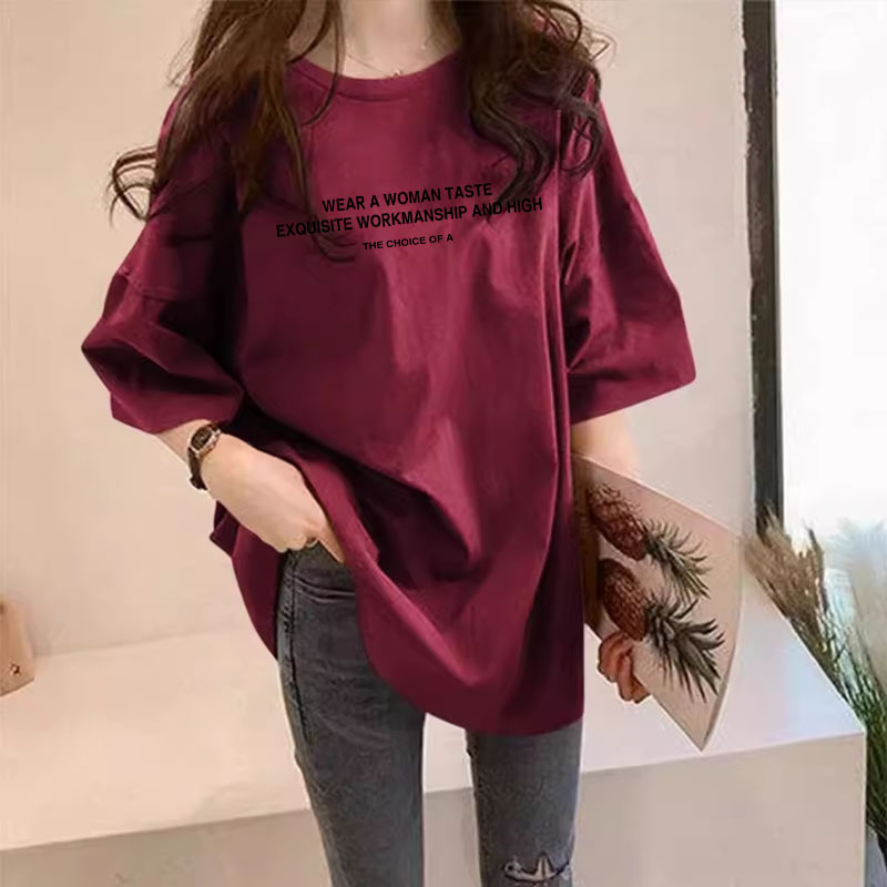 Burgundy T-Shirt for Women, Hip-Covering, Large Size Top, Mid-Length, Stylish Korean Version, Age-Reducing, Loose Half-Sleeve T-Shirt
