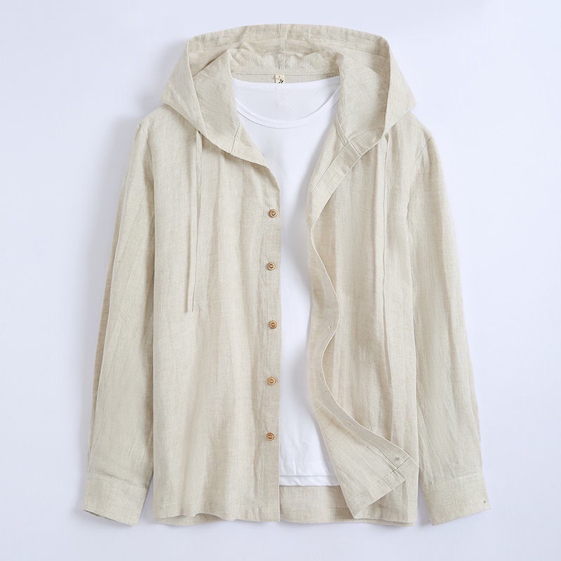 Loose Long-Sleeved Cotton and Linen Shirt, Solid Color, Thin, High-End Summer Hooded Sun Protection Air-Conditioning Clothing